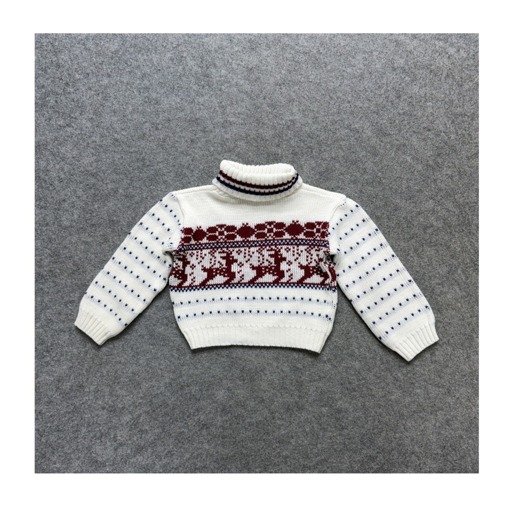 Vintage Babyfair Kids Reindeer Fair Isle Turtleneck Sweater White Size 3 Japan